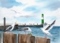 Preview: Postkarte DIN-A6 Aquarell Maritim Kunst Druck Kunstdruck Ostsee Leuchtturm Warnemünde Westmole grün Mole Molenfeuer Rostock